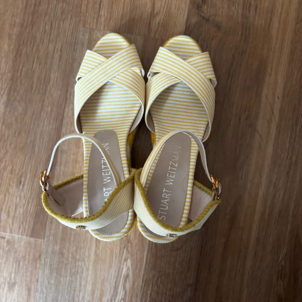 Stuart Weitzman Yellow and White Striped Espadrille Wedge Sandals Mirela - Picture 4 of 12